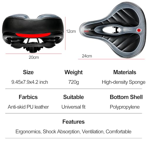 Comfort Bike Saddle Seat with Dual Shock Absorbing Ball and Memory Foam - Wide Waterproof Replacement, Black+Gray Grid