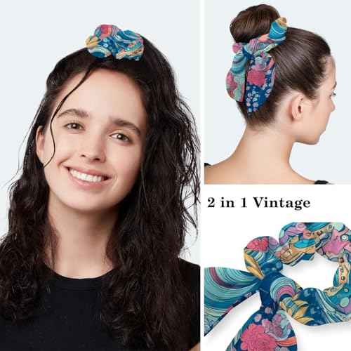 Scrub Caps Women, Surgical Caps with Ponytail Pouch and Buttons, Nurse Bouffant Adjustable, with Bow Hair Scrunchy, Wave and Floral Vintage Japanese Abstract Art Blue