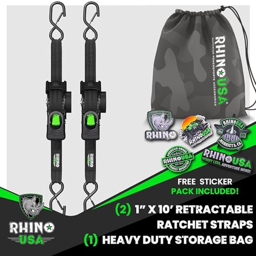 Rhino USA Retractable Ratchet Straps 2 Pack - 1in x 10ft, 1,209lb, Black