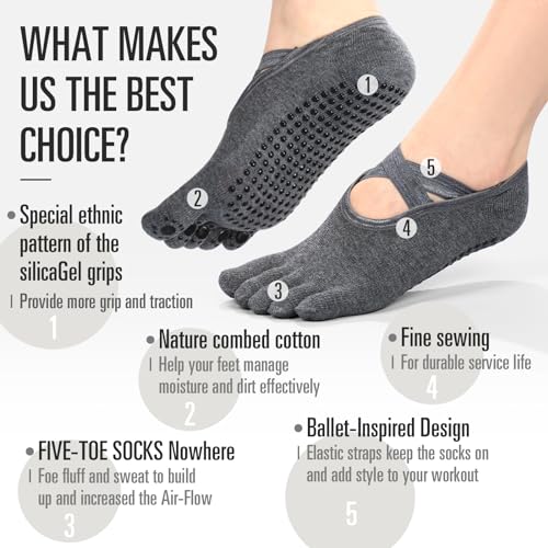 Yoga Toe Socks with Grip 7 Pairs Women's Non-Slip Toe Socks - Black, Light Gray, Dark Gray