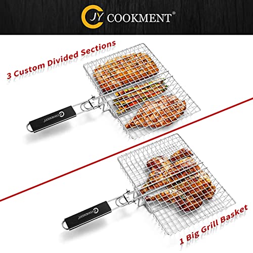 12-Inch Stainless Steel Grill Basket with Removable Wooden Handle - Portable BBQ Grilling Tool