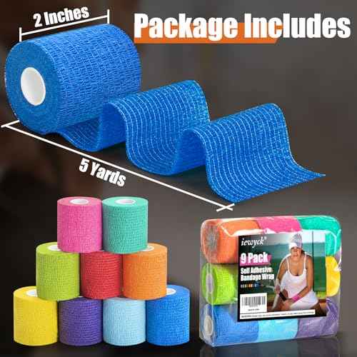 Upgraded 9-Pack Self Adhesive Bandage Wrap ? 2 Inches ¡¿ 5 Yards Elastic Cohesive Bandage Wrap, Self Sticking Vet Wrap, Stretch Sports Athletic Wrap Self-Adhering Adherent Wrist Tape (Multi Color)