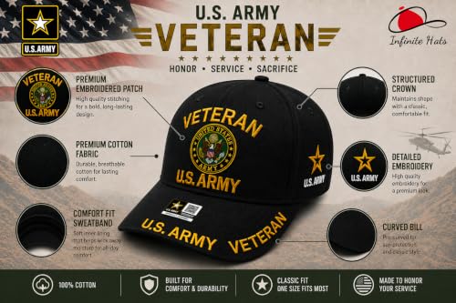 One Size Black US Army Veteran Hat for Men - Officially Licensed Military Baseball Cap - Gift for Veterans