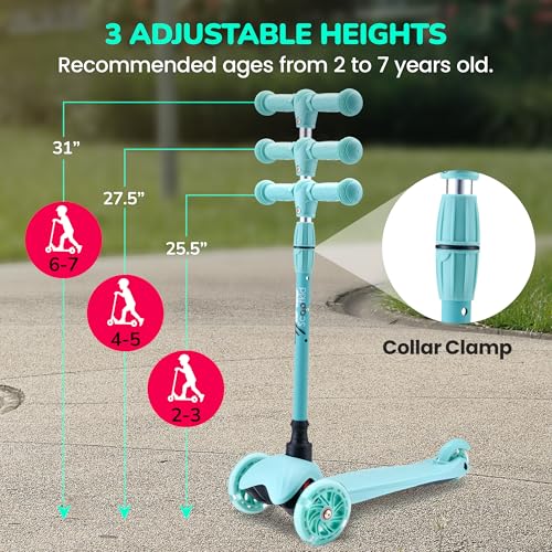 Hurtle Mini Kickboard Scooter for Kids - Height Adjustable 25''-28'', Lightweight 3-Wheel with LED Light-up Wheels, Anti-Slip,Indoor/Outdoor Fun, Micro Scooters for Ages 2-5 (Teal)