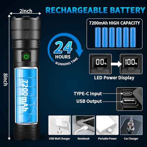KYEKIO Large Size & High Powered Flashlight, 7200mAh Flashlights High Lumens, Super Bright Flashlight, Rechargeable Flashlights LED, Adjustable Tactical Flash Light, Waterproof Flash Light for Home