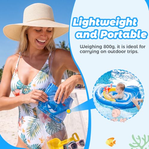 Blue Baby Pool Float with Canopy UPF50+ Adjustable Sun Protection and Safety Seat