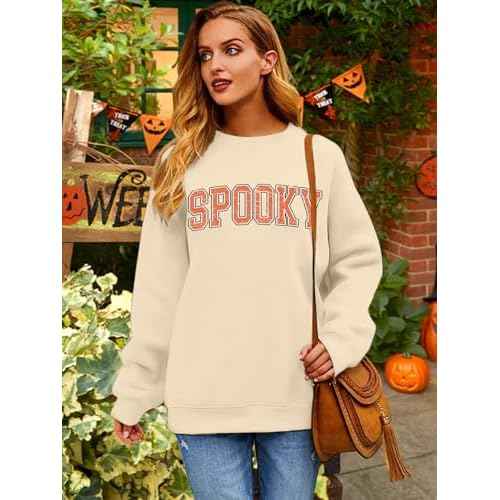 Halloween Spooky Sweatshirts Women Classic Spooky Letter Print Long Sleeve Shirt Halloween Crewneck Pullover Blouse