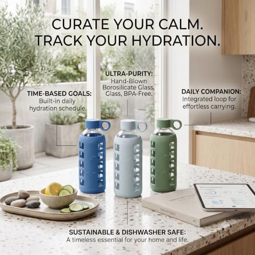 22oz Borosilicate Glass Water Bottle with Time & Volume Markers, Silicone Sleeve, Stainless Steel Lid – Chinese Porcelain Variation