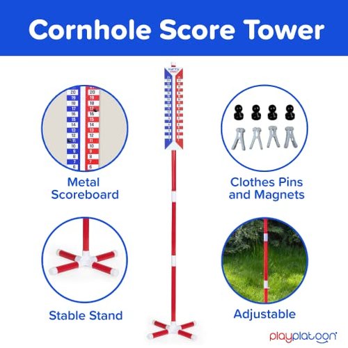Play Platoon Cornhole Scoreboard Vertical Score Keeper 2 Pack Board & Accessories 4 Magnets, 4 Clothes Pin, PVC Tower Stand & Carry Bag Holder for Professional Corn Hole Bag Tournament