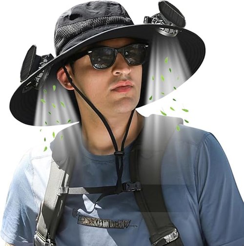Hat with Fans Solar Power, Wide-Brim Sun Hat with 2 Solar Fan for Men Women, UPF 50+ Bucket Fishing Hat with Fan Built in (US, Alpha, One Size, Large, Petite Plus Size, Black)