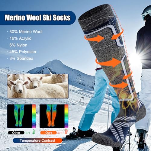 Merino Wool Ski Socks Women Men,2 Pairs Knee High Winter Warm Skiing Socks Performance Thermal Snowboarding Socks