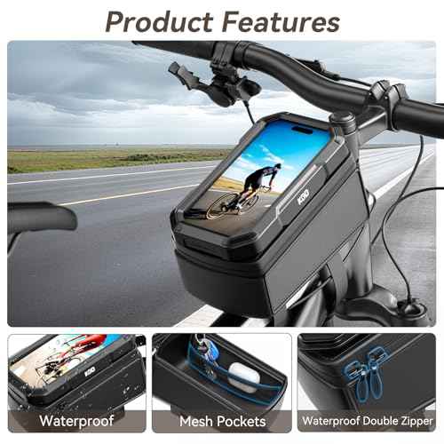 KDD Bike Front Frame Bag with Waterproof Phone Holder, Mountain Cycling Storage Pouch, Handlebar Bag with Phone Mount, Bicycle Accessories for Top Tube, Fit for iPhone 17 Pro Max, Cellphone Under 7''