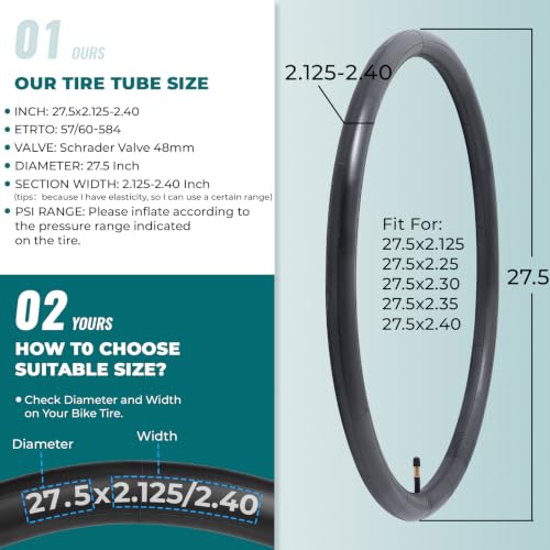 27.5 Inch Bicycle Tubes with Schrader Valve - Pack of 2 for Mountain, City & Cruiser Bikes