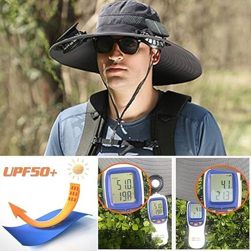 Hat with Fans Solar Power, Wide Brim Sun Hat with 2 Solar Fan for Men Women, UPF 50+ Bucket Fishing Hat with Fan Built in Khaki