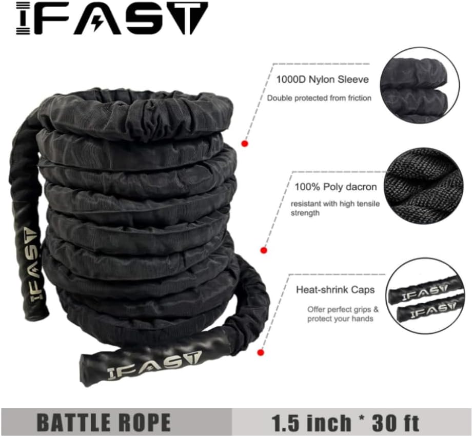 IFAST Battle Exercise Rope with Protective Cover 30ft Length Heavy Dacron Workout Training Ropes for Home Body Building Muscle (1.5 inch Diameter x 30 ft Length)
