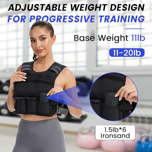 Weighted Vest for Women Men - Adjustable 11-20lb Black with Reflective Strips
