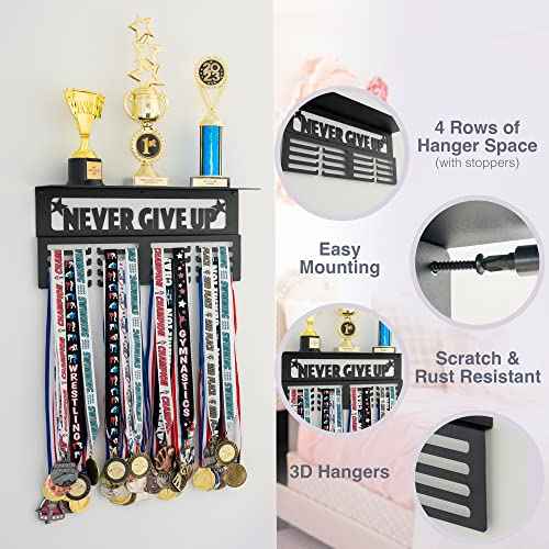 Medal Hanger Display with Trophy Shelf - Metal Awards Rack for Walls Holds 64+ Sports Medals- Our Never Give Up 16" Medal Holder Awards Trophy Display