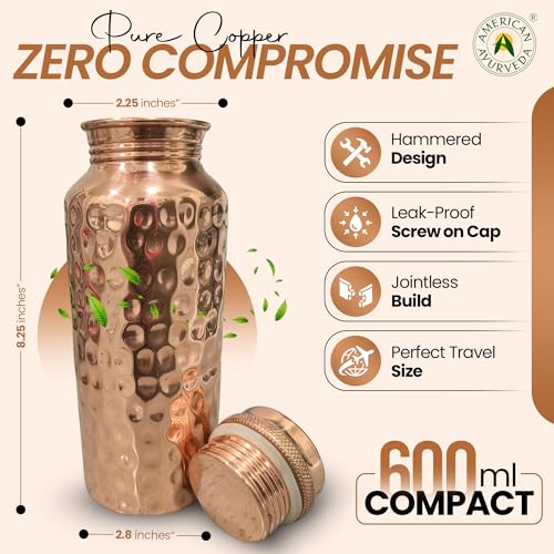 Pure Copper Water Bottle 600ml Hammered Finish Leak Proof Ayurvedic Benefits