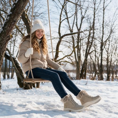 Anjoufemme Women’s Winter Snow Hiking Boots Fur Lined Beige 8.5