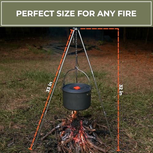 33-Inch Stainless Steel Camping Tripod for Cooking, Adjustable & Lightweight