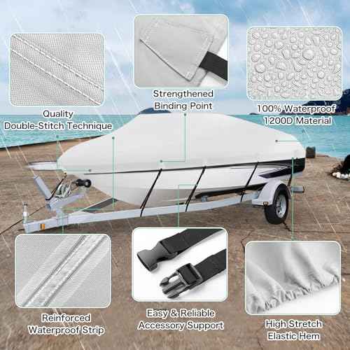 Heavy Duty 1200D PU Waterproof Boat Cover, 17'- 19' Trailerable Marine Grade Polyester Canvas, Fits 17-19ft V-Hull, Tri-Hull, Fishing Boat, Runabout, Pro-Style Bass Boat with Tightening Strap