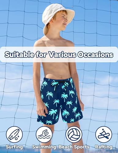 Kids Boys Swim Trunks with Compression Liner - Navy Green Coconut Palms, 14-16 Years