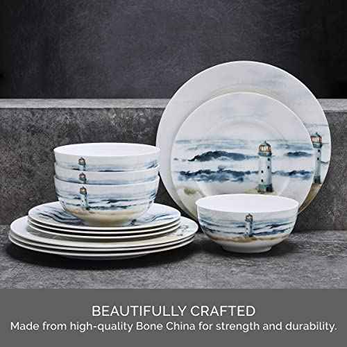 Mikasa Seaside Coastal Bone China Lightweight Chip Resistant 12 Piece Dinnerware Set, Service for 4