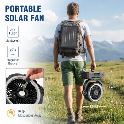Ausic Rechargeable Solar Camping Fan & Oscillating Portable Fan with Lights - Black