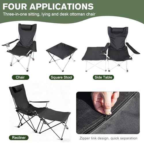 Portable Camping Chair with Footrest Folding Lounge Chair, Reclining Chair for Outside with Cup Holder, Side Pocket and Pillow, Heavy Duty Collapsible Chair for Sports,Outdoors & Lawns