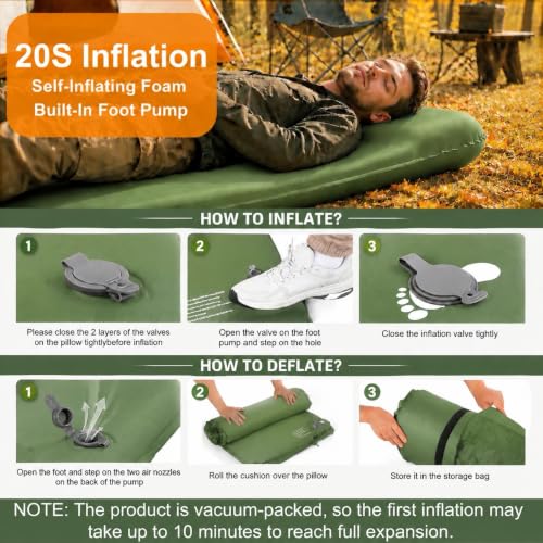 Army Green Self-Inflating Memory Foam Sleeping Pad with Removable Cover