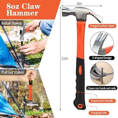 8 Pack 8in Heavy Duty Forged Steel Tent Stakes and Hammer Set, with Storage Pouch, Available in Rocky Place