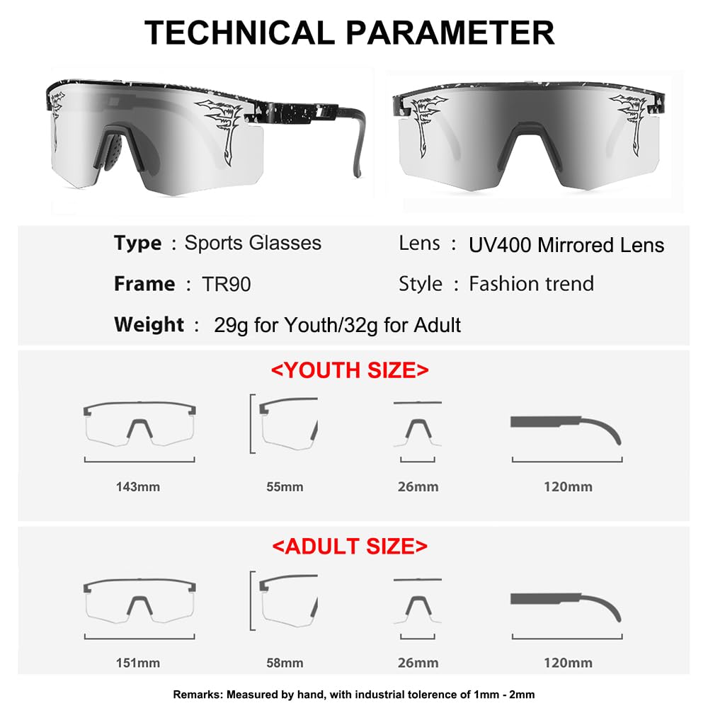 ACEXPNM Two Sizes Baseball Sunglasses For Adults and Youth Boys Girls Kids UV400 Men Women Outdoor Sports Sun Glasses (CY16)