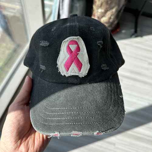 Breast Cancer Awareness Hat Pink Ribbon Patch Distressed Cotton Adjustable Baseball Cap, Breast Cancer Gift for Women