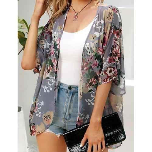 Women's Floral Print Puff Sleeve Kimono Cardigan Loose Cover Up Casual Blouse Tops