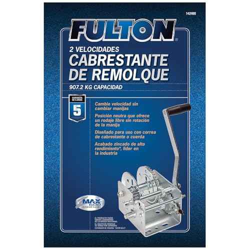 Fulton 142400 Boat Trailer Winch, 2,000 lbs. Capacity, No Strap, 10 Inch Handle, Two-Speed Hand Crank Winch, Solid Drum Gear System