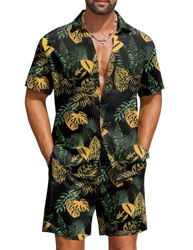 Men's Hawaiian Matching Set Large Black - Summer Beach 2 Piece Outfits with Flower Button Down Shirts and Shorts