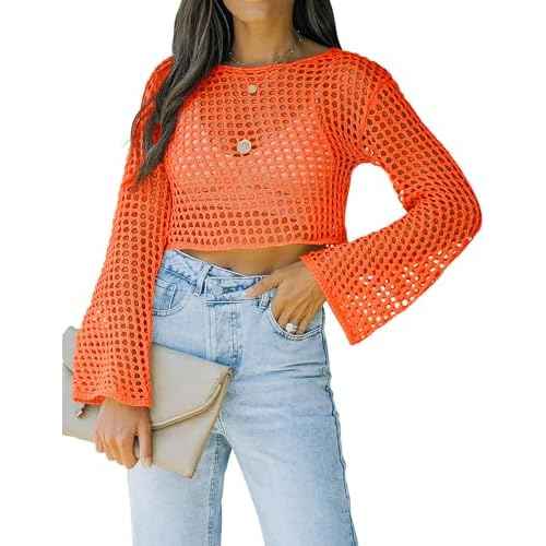 Womens Fishnet Crochet Crop Top Sexy Long Sleeve See Through Hollow Out Mesh Bikini Cover Ups