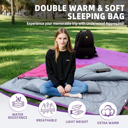 Lightweight Double Sleeping Bag for Adults and Kids - Black, 5.3 Lbs