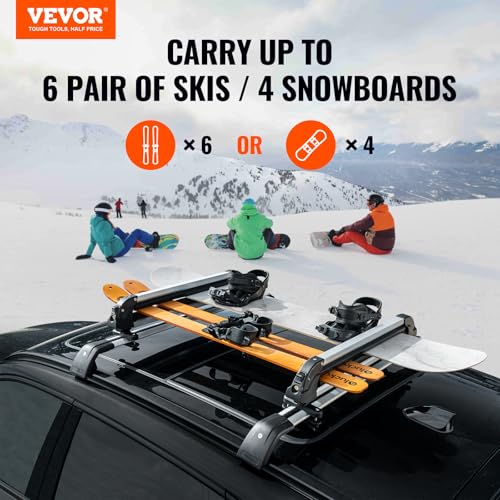 VEVOR Universal Car Roof Rack - Fit Most Crossbars, Carry up to 6 Pairs of Skis or 4 Snowboards, Aluminum Snowboard Ski Rack with Lock & Rubber Padding