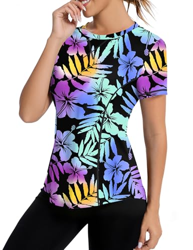 Avoogue Women's Short Sleeve Workout Top UPF50+ Sun Shirt - Large / Colorful Leaves