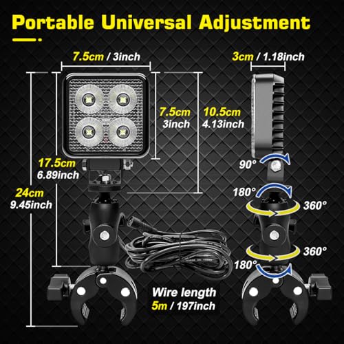 360° Rotation LED Boat Spotlight with Clamp 3 Inch Marine Work Light 12V
