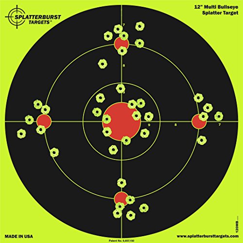 Splatterburst Targets - 12 inch Multi-Bullseye Splatter Target - Easily See Your Shots Burst Bright Fluorescent Yellow Upon Impact - Made in USA (25 Pack)