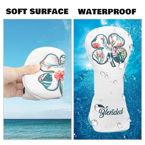 Golf Club Head Cover with Lucky Clover & Number Tag for Driver – White