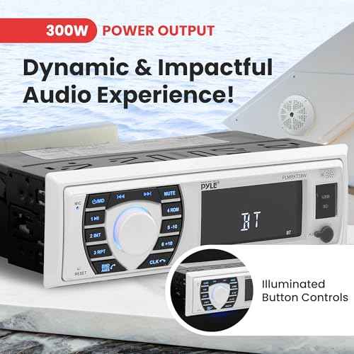 Pyle Marine Radio Receiver Speaker Set 12v Single Din Style Bluetooth Compatible Waterproof Digital Boat In Dash Console System with Mic 4 Speakers, Remote Control, Wiring Harness PLMRKT38W (White)