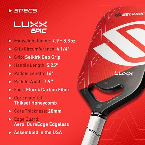 Selkirk LUXX Control Pickleball Paddle | Florek Carbon Fiber Pickleball Paddles with a Polypropylene X7 Core | The Pickle Ball Paddle Designed for Ultimate Power & Control | Epic Red