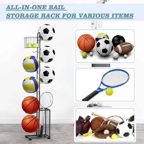 melos 7 Tier Basketball Ball Storage Rack, Freestanding Basketball Holder Garage Ball Storage Sport Organizer Rack with Basket for Volleyball Football Basketball, Indoor/Outdoor