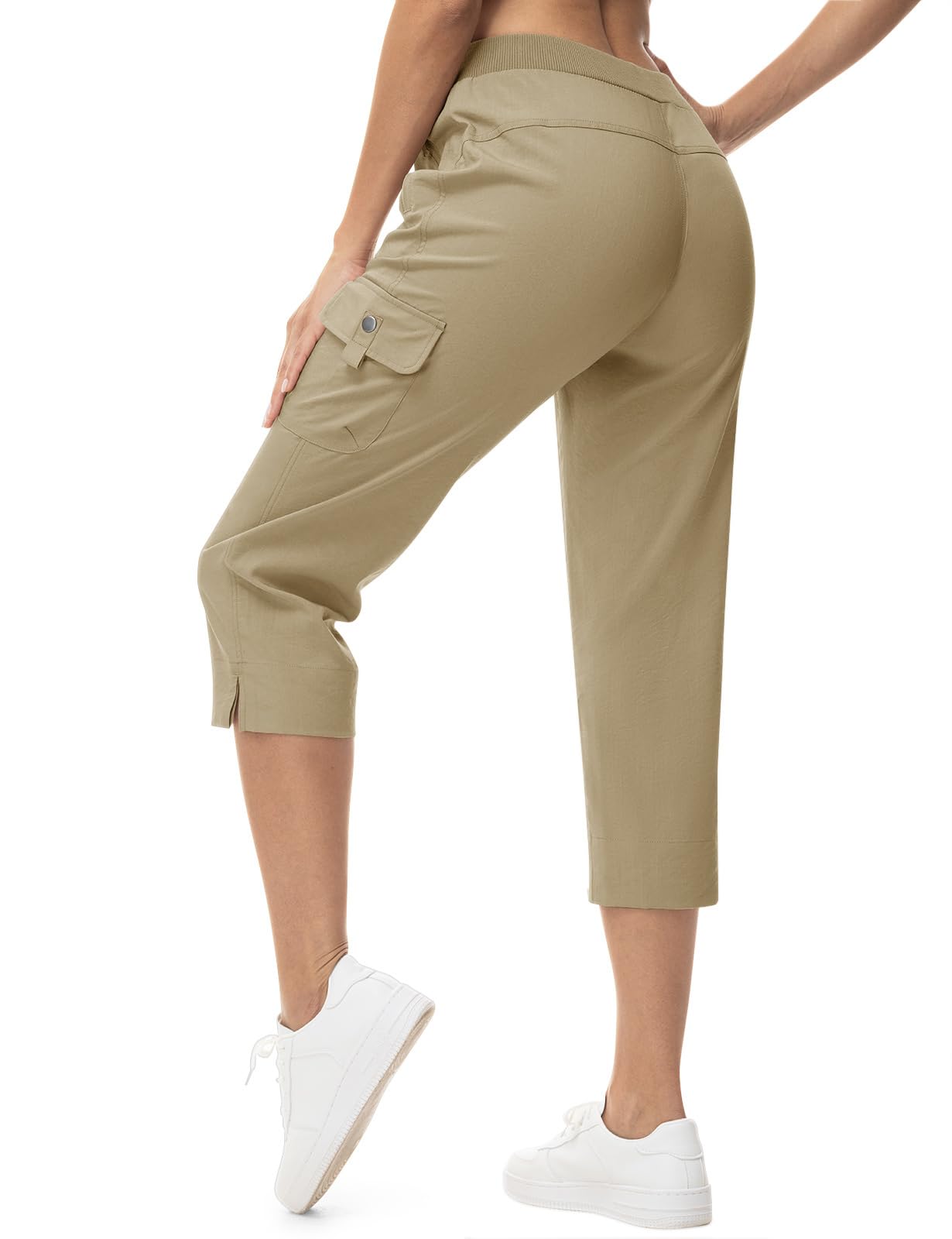 TBMPOY Women's Capri Pants Lightweight Quick Dry Hiking Cargo Pockets Casual Water Resistant Travel Cropped Cotton Light Khaki S