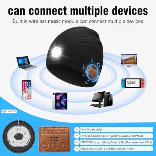 MUSIC Lighted Beanie (Bluetooth V5.4), built-in LED, Microphone and Speaker,Winter Christmas Gift for Family, Dad, Men and Father