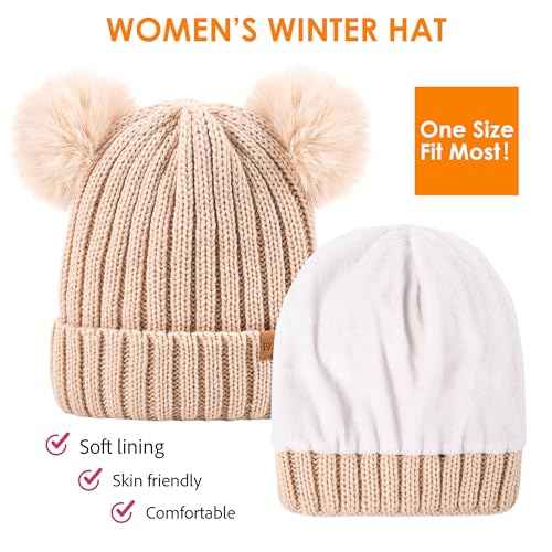 Women's Winter Warm Knit Beanie with Faux Fur Pom Skull Cap Cozy Fleece Lined Hat for Women