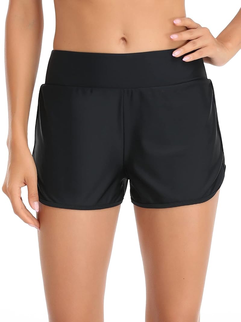 Relleciga Women's High Waist Swim Shorts with Built-in Brief - Black, Medium